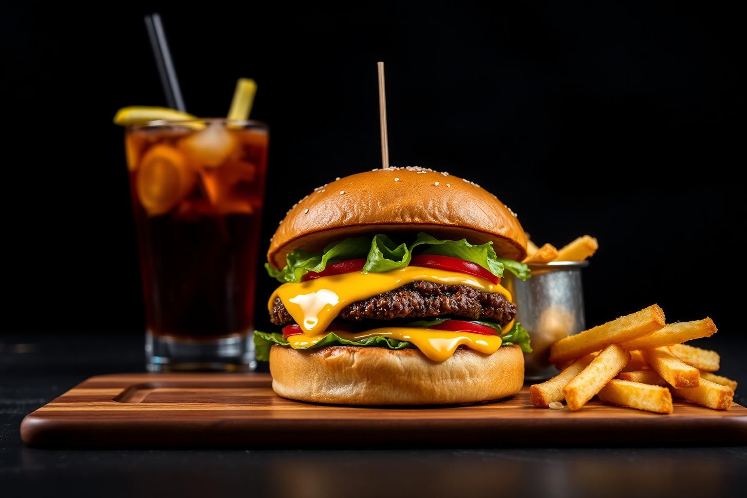 Gourmet burger with fries and drink